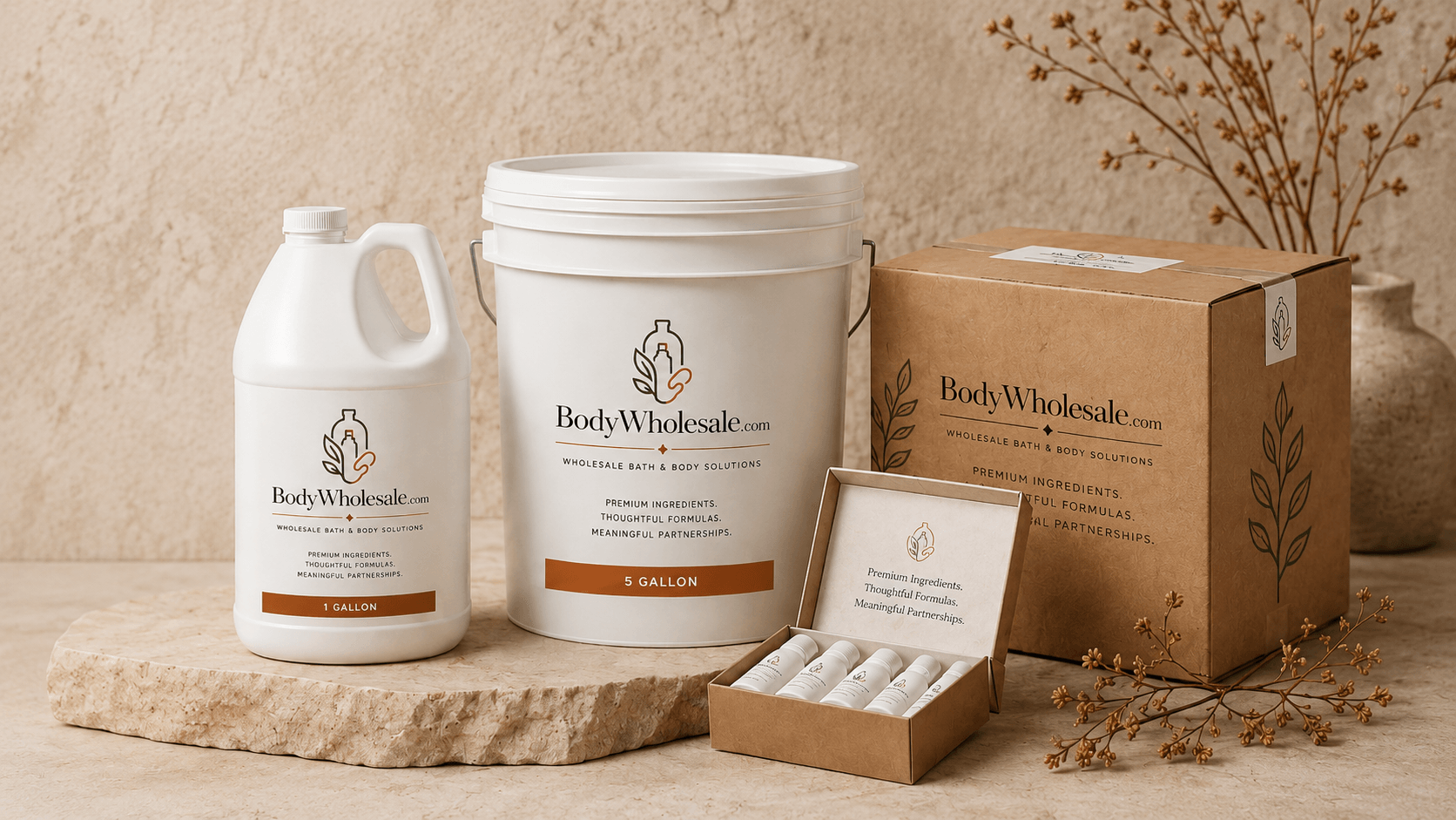 BodyWholesale wholesale packaging, bulk containers, sample kit, and shipping box